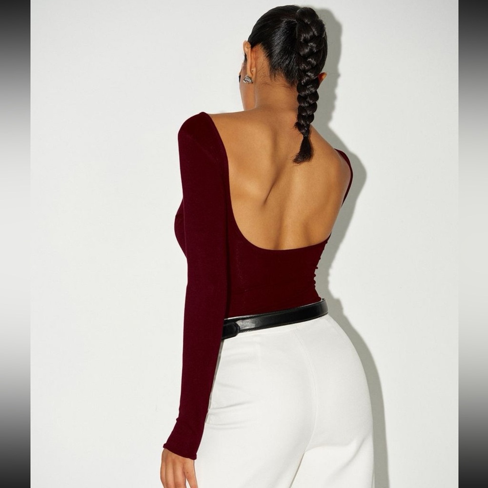 Burgundy Red Low Open Back Long Sleeve Bodysuit